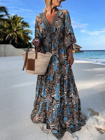 Woochic robe longue imprimés plissé dos nu v-cou manches au coude bohème plage Bleu S